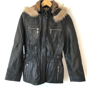 Adler Collection Leather Fur Hoodie Jacket Black S